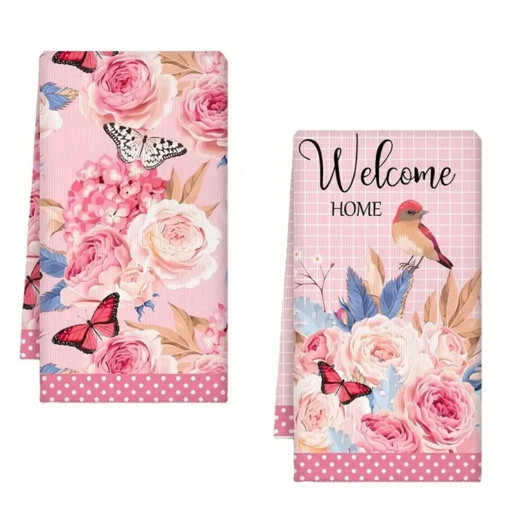 Set of 2 Floral Bird Butterflies Kitchen / Hand Towels